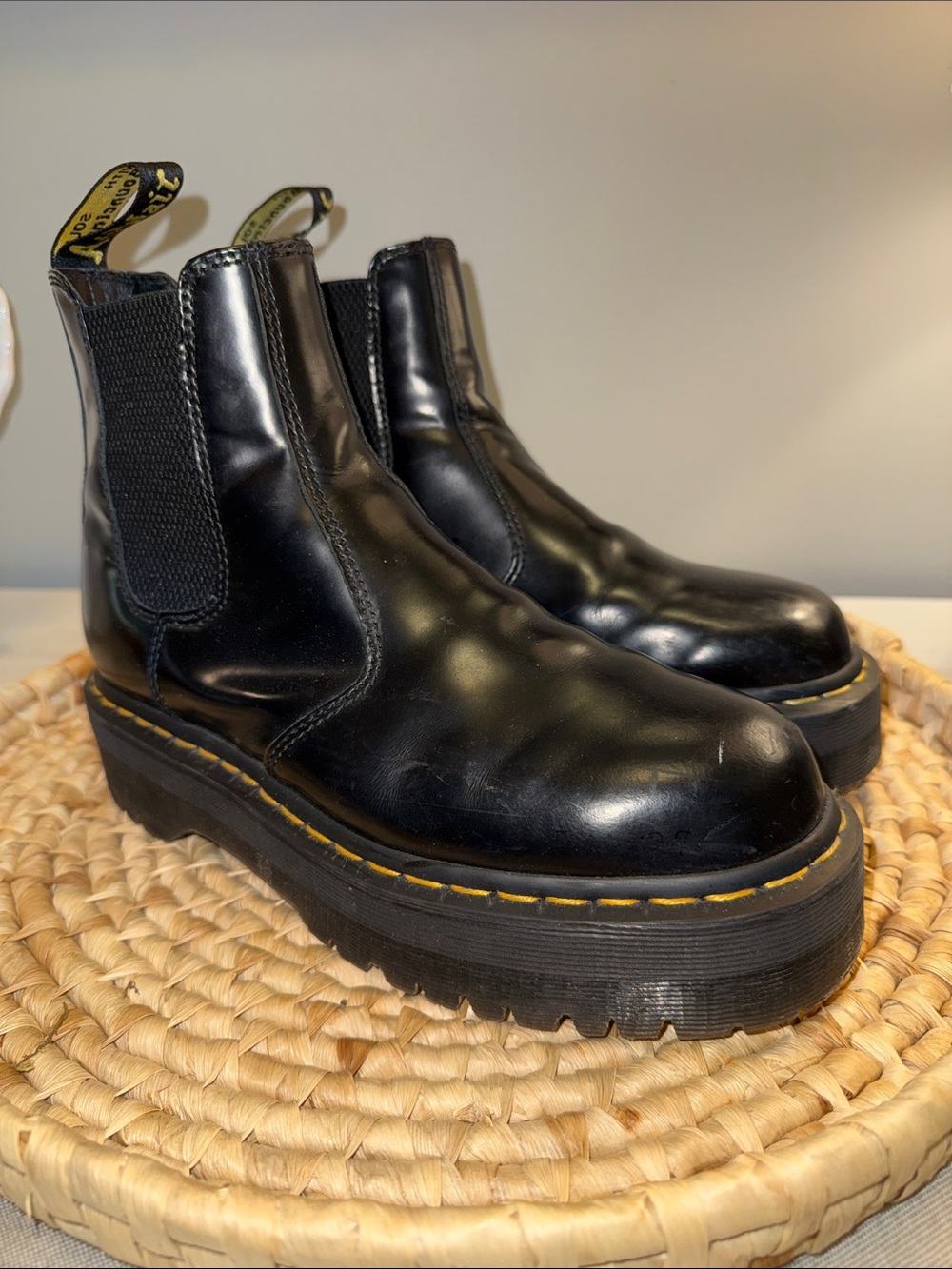 Dr. Martens Black Leather Platform Chelsea Boots with Yellow Stitching